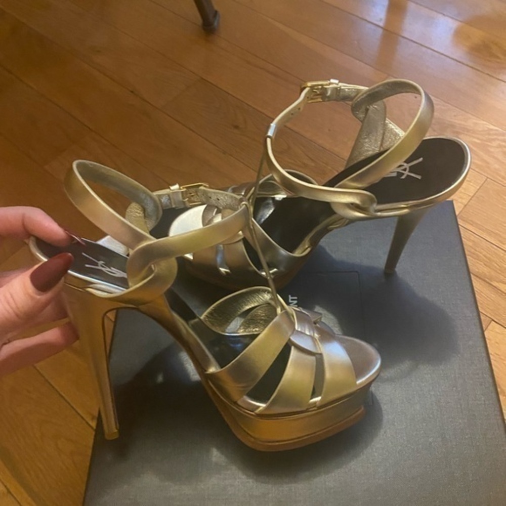 YSL Platform High Heel Sandals in Gold Metallic
